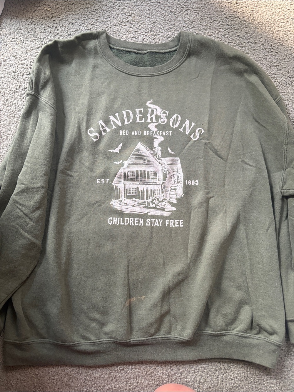Source Unknown Olive Green Kids Sweatshirt with White Bed & Breakfast Graphic
